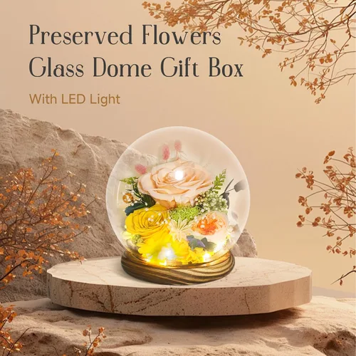 Vista 3 de Flores preservadas para mamá, rosas champán preservadas en cúpula de cristal con luz LED para novia, flores reales eternas para mujeres, regalo