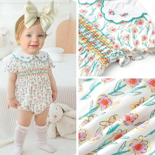 Vista 3 de Simplee kids Mameluco de algodón de manga corta con volantes de verano para bebés de 3 a 24 meses