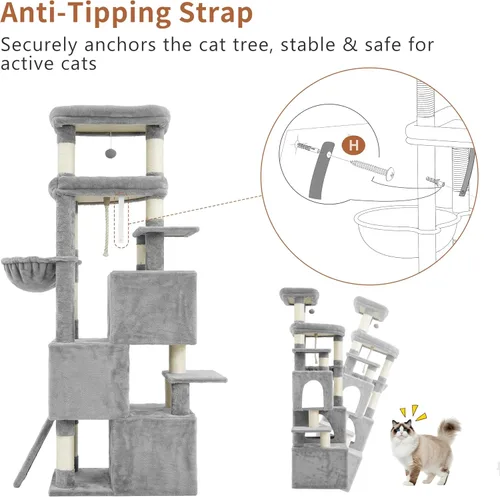 Vista 8 de Heybly Árbol para gatos, torre aerodinámica de 74 pulgadas para gatos grandes con condominios apilados de 3 niveles, muebles para gatos con percha