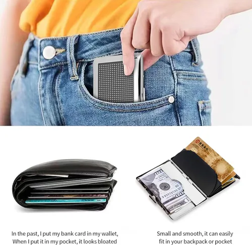 Vista 7 de HAPUTDY Soporte de tarjeta de crédito con bloqueo de metal RFID, cartera de viaje, funda protectora para 5 tarjetas de crédito, Compacto y hermoso