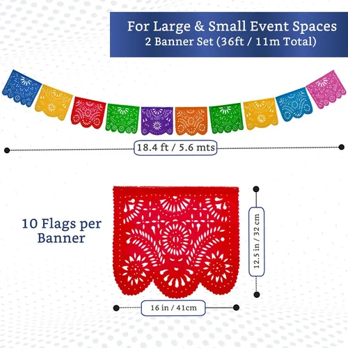 Vista 2 de Pancartas de fiesta mexicana (paquete de 2 con 10 banderas de plástico por bandera), papel picado mexicano para fiesta, papel picado de plástico