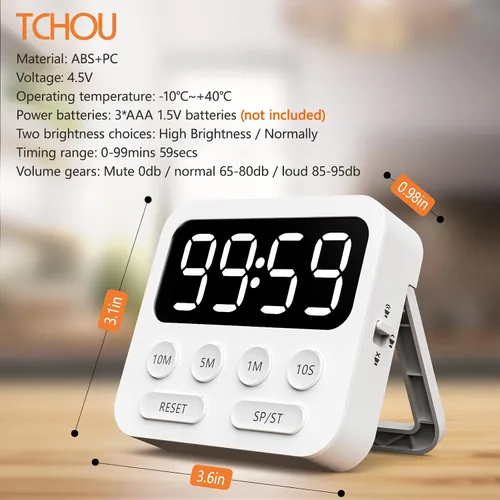 Vista 2 de Temporizador digital de cocina con cronómetro y función de cuenta regresiva, temporizador magnético para niños con pantalla LED grande y volumen