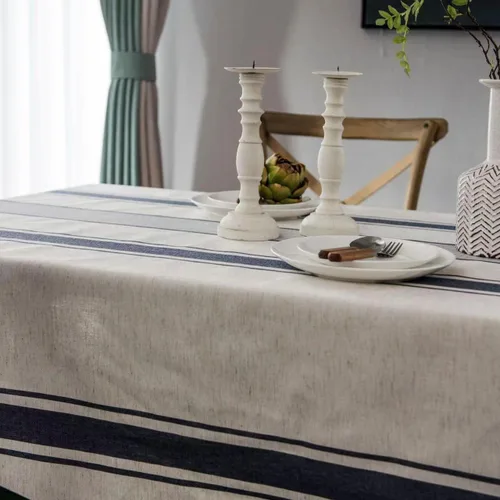 Vista 3 de ArtBud Mantel blanco y azul de lino de algodón, suave, lavable, para fiestas, café, cocina, decoración de rayas