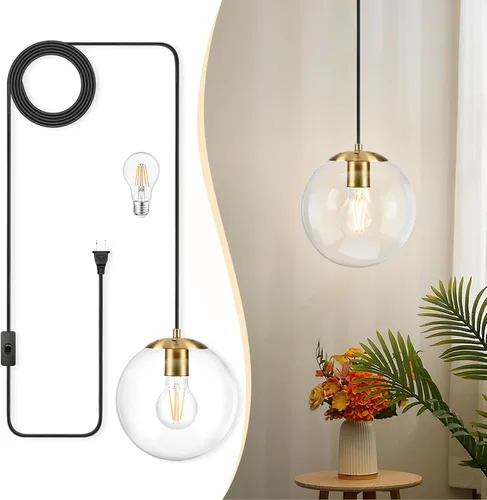 Vista 35 de KoKo&Yukina Luces colgantes modernas de globo de vidrio dorado de 6 pulgadas, paquete de 2 lámparas colgantes de vidrio transparente de mediados