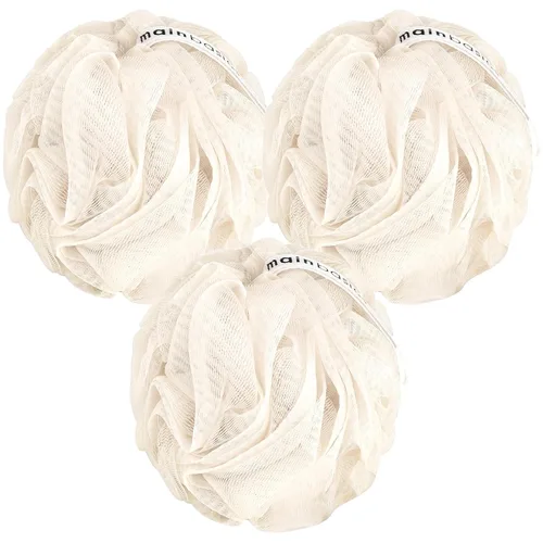 Vista 13 de MainBasics Esponja de esponja para baño y ducha, esponja para el cuerpo, exfoliante corporal (juego de 3, flor aireada) Esponja corporal de malla