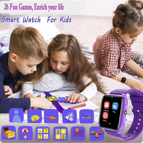 Vista 4 de iCHOMKE Reloj inteligente para niños, reloj inteligente para niñas y niños con 26 juegos, grabadora de video y reproductor, calendario podómetro