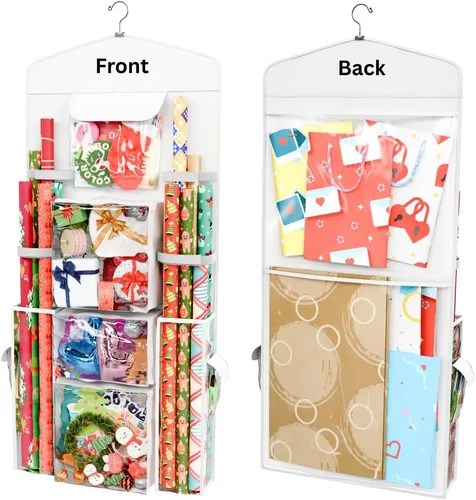 Vista 13 de ProPik Organizador de Almacenamiento de Papel de Regalo Colgante de Doble Cara con Múltiples Bolsillos Organiza tu Papel de Regalo, Bolsas