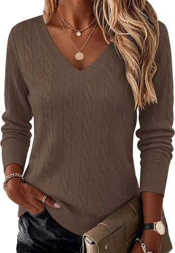 Vista 14 de Ekouaer Suéter de punto trenzado con cuello en V para mujer, manga larga Negro