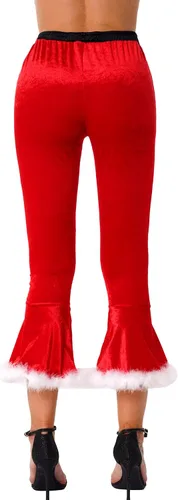 Vista 4 de Nikiikoo Disfraz de Sra. Santa Claus para mujer, de terciopelo suave y cálido, pantalones acampanados para Navidad, con ribete de piel sintética