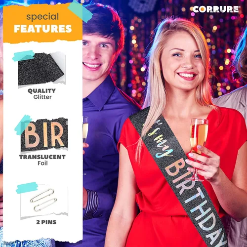Vista 4 de CORRURE Banda con purpurina «It's My Birthday» con lámina multicolor – Banda de feliz cumpleaños con purpurina negra para mujeres – Suministros