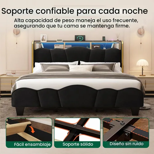 Vista 5 de LARMACE Base de cama tamaño King con luces LED y estación de carga, plataforma tapizada de terciopelo con cabecera de almacenamiento, no necesita