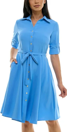 Vista 13 de Sharagano Vestido camisero plisado para mujer, manga 3/4, cuello en V, botones dorados Acacia