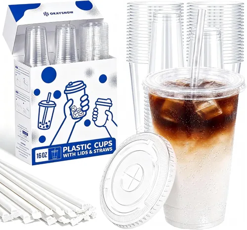 Vista 14 de 100 unidades de vasos de plástico transparente de 16 onzas con tapas y pajitas, caja dispensadora organizada, vasos desechables resistentes