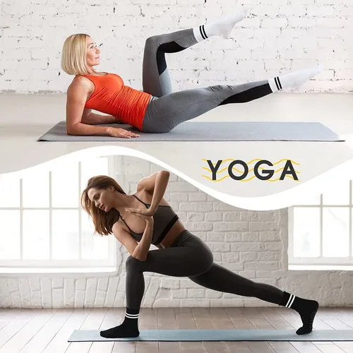 Vista 5 de Heerlijk Tavi - Calcetines largos de pilates con empuñaduras para mujer, calcetines antideslizantes con rayas para yoga, barre, deportes, hospital