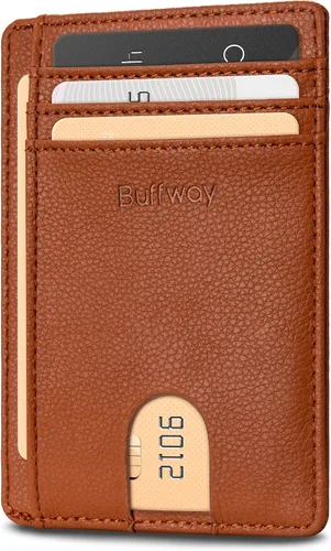Vista 30 de Buffway - Carteras de cuero delgadas minimalistas con bolsillo frontal y bloqueo RFID para hombres y mujeres, negro (Alaska Black), Minimalista