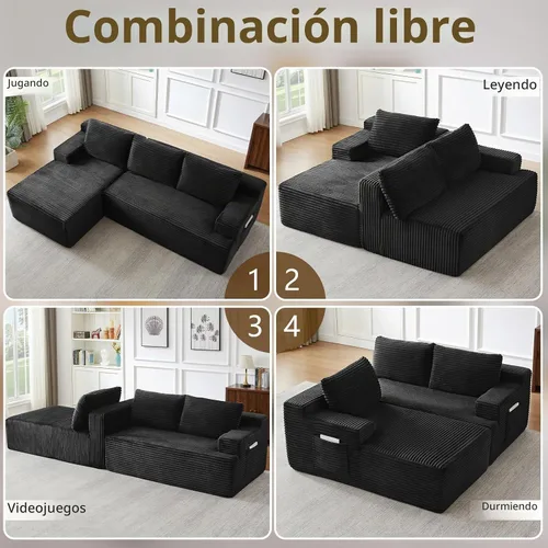 Vista 8 de Sofá seccional Cloud de 96 pulgadas, sofá deshuesado para sala de estar, sofá modular con asiento profundo, sofá de pana cómodo y esponjoso con Negro