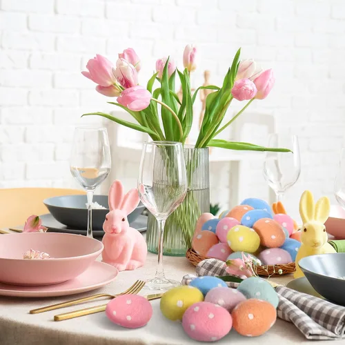 Vista 6 de VitalCozy 12 huevos de Pascua coloridos de fieltro con lunares pastel, huevos de fieltro sorpresa, adornos colgantes para cestas de Pascua