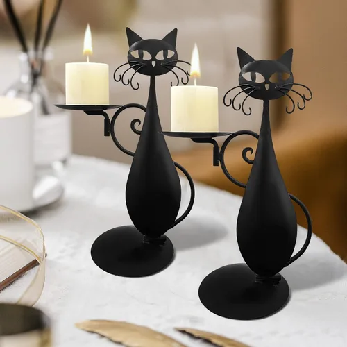 Vista 8 de Portavelas de gato negro para velas de pilar sin llama, velas LED retro rústicas estilo granja para el hogar, decoración de gato de metal