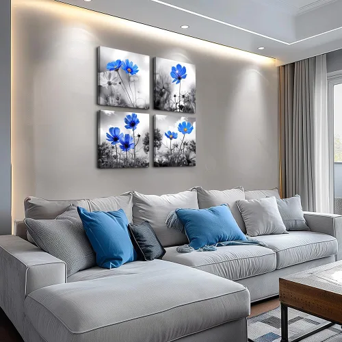 Vista 2 de Arte de pared para dormitorio, flor azul cian en blanco y negro, decoración de pared para decoración del hogar, pintura de arte de 12 x 12 pulgadas