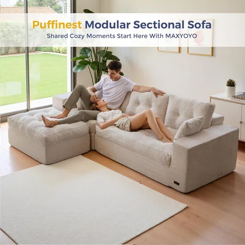 Vista 8 de MAXYOYO Sofá modular modular en forma de L de 96 pulgadas con otomana, sofá sin hueso con cojín en capas, sofá tapizado en una caja, combinación
