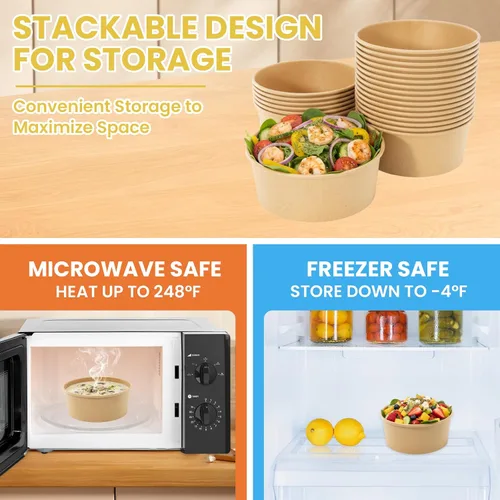 Vista 6 de 100 cuencos de papel desechables de 25 onzas (sin tapas), cuencos de sopa desechables, aptos para microondas, para sopa caliente, pasta, sándwiches