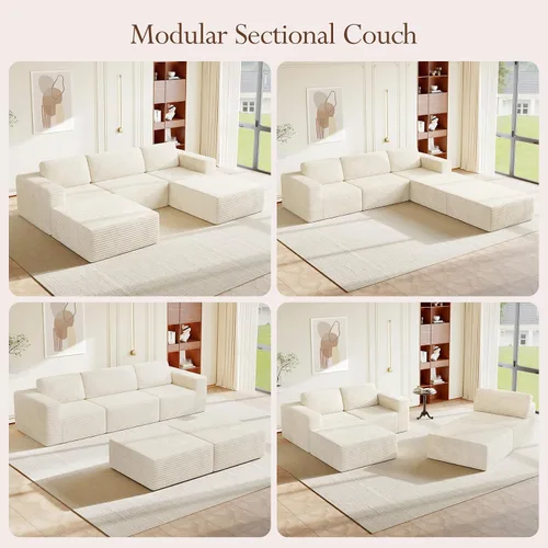 Vista 2 de Vesgantti Sofá modular en forma de U de 119 pulgadas, sofá modular de pana con asiento profundo y soporte de resortes, sofá convertible con 2 Beige
