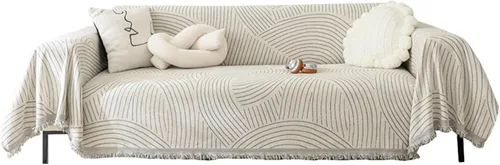 Vista 3 de Funda de sofá de chenilla, diseño de líneas geométricas grises con borlas, funda de sofá para perros, chenilla, 71 pulgadas de ancho x 51 pulgadas