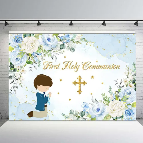Vista 15 de MEHOFOND Telón de fondo azul para la primera comunión Mi Bautizo de 7 x 5 pies para niños, decoración de fiesta de Dios bendiga fondo azul acuarela