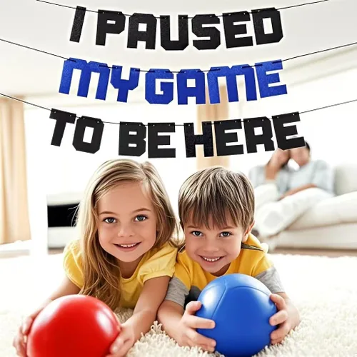 Vista 6 de Cartel con texto en inglés «I Paused My Game To Be Here» con texto en inglés «I Paused My Game To Be Here», decoración azul para fiestas