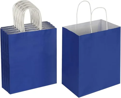 Vista 2 de Oikss Cada paquete de 50 bolsas de regalo de papel kraft medianas azul y amarillo con asas a granel