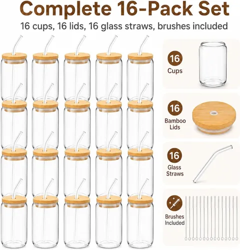 Vista 2 de Tazas de vidrio con tapas y pajitas de 16 onzas, set de 16 – Tazas de café helado para fiestas navideñas, reuniones familiares y anfitrionaje diario