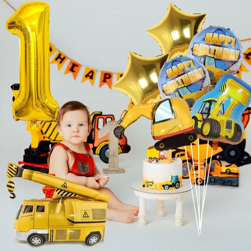 Vista 6 de Globos de construcción para el primer cumpleaños, 9 globos dorados de 40 pulgadas con el número 1 para excavadora grande, camión volquete, grúa