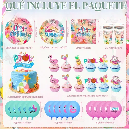 Vista 2 de Juego de vajilla de verano para piscina, decoraciones de cumpleaños