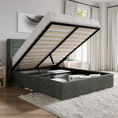Vista 12 de SHA CERLIN Cama de Almacenamiento Elevable Tamaño Completo/Tapizada en Terciopelo/Cabecera Moderna Wingback/Marco de Cama Plataforma Negro