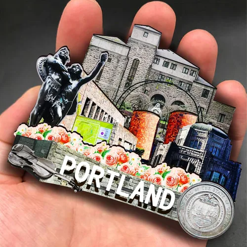 Vista 4 de Imán de madera de Portland de EE. UU. 3D para nevera, recuerdos coleccionables, decoraciones artesanales hechas a mano