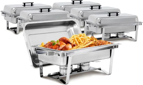 Vista 12 de SUPER DEAL Paquete de 2 calentadores de alimentos de 9 cuartos de galón, juego de bufé rectangular con patas de marco plegable, plato de acero