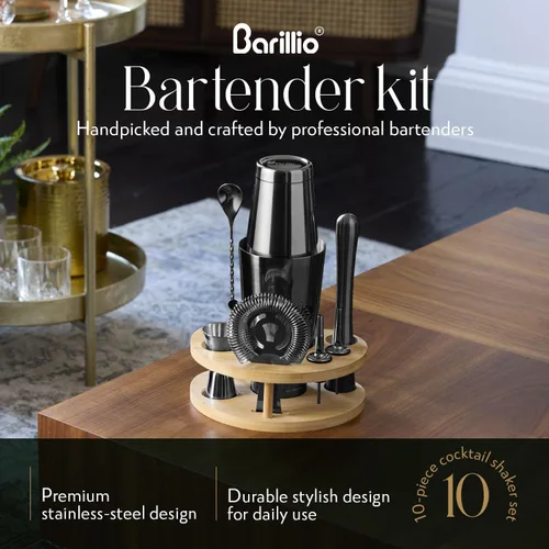 Vista 5 de Barillio Black Mixology - Kit de barman con soporte, juego de coctelera con soporte de bambú, coctelera Boston, Mojito Muddler y cuchara mezcladora