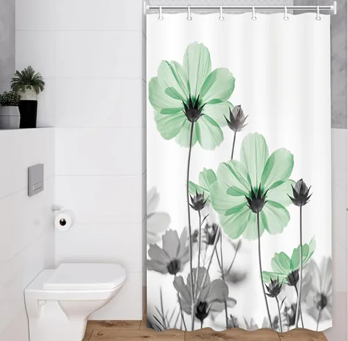 Vista 14 de MERCHR Cortina única floral azul para decoración de baño, cortina de ducha estilo granja con flores de margarita azul y gris elegantes y diseño