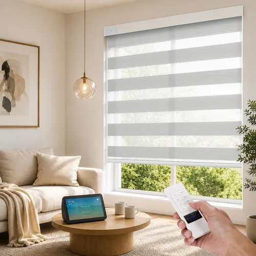 Vista 7 de ACMEART - Persianas motorizadas inteligentes de cebra con control remoto, persianas filtrantes de luz Beige