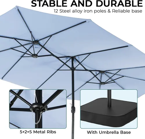 Vista 64 de Sombrilla de doble cara para patio de 15 x 9 pies con base y manivela, sombrilla rectangular extragrande para patio, césped y jardín, beige