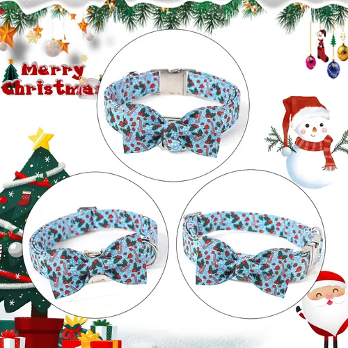 Vista 5 de Collar de Navidad para Perro con Pajarita - Lindo Collar de Cachorro Azul con Patrón Navideño de Cereza y Caramelo, Hebilla de Metal Ajustable