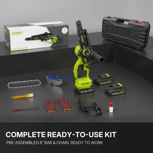 Vista 9 de WORKIT Mini motosierra inalámbrica, motosierra eléctrica de 8 pulgadas con 2 baterías, motosierra de mano con engrasador automático, tensión sin