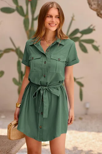 Vista 3 de PRETTYGARDEN Vestido casual de verano con botones para mujer, cuello en V, manga corta, con cinturón, bolsillo