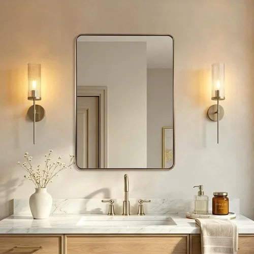 Vista 41 de Espejo de latón para baño, espejo rectangular redondeado de 22x30 pulgadas con marco de metal cepillado dorado, espejo de tocador de baño sin