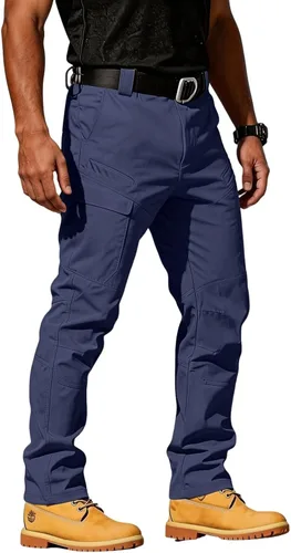 Vista 9 de Pantalones tácticos tipo cargo para hombre, repelentes al agua, pantalones de trabajo Ripstop, reforzados hasta la rodilla, cintura elástica,