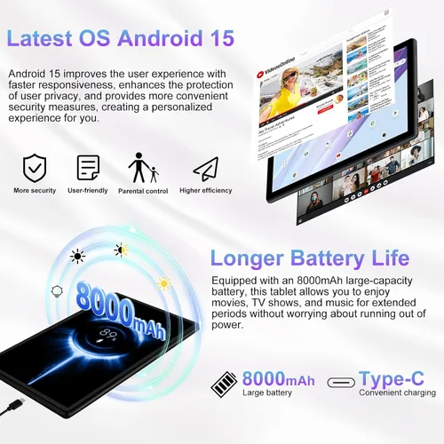 Vista 3 de 2025 Tableta de 10 pulgadas Android 15 Tablets 30GB RAM 128GB ROM 1TB de expansión, Tableta Octa-Core de 8000mAh con estuche a prueba de caídas
