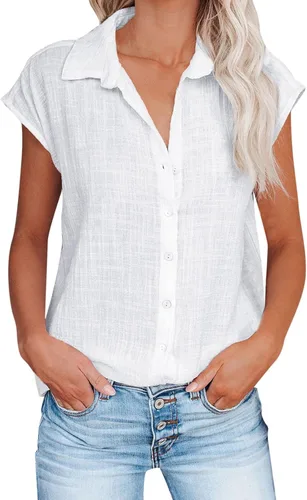 Vista 42 de Ceboyel Camisas para mujer de moda de verano, algodón, lino, manga corta, cuello con botones, blusa casual para mujer 2023
