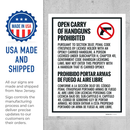 Vista 5 de Concealed Carry Prohibited Texas Penal Code Bilingual Sidewalk Sign Kit, (SI-74332) 18x24 Inches, Replacement Panels (2 Pack) 160 Mil Thick