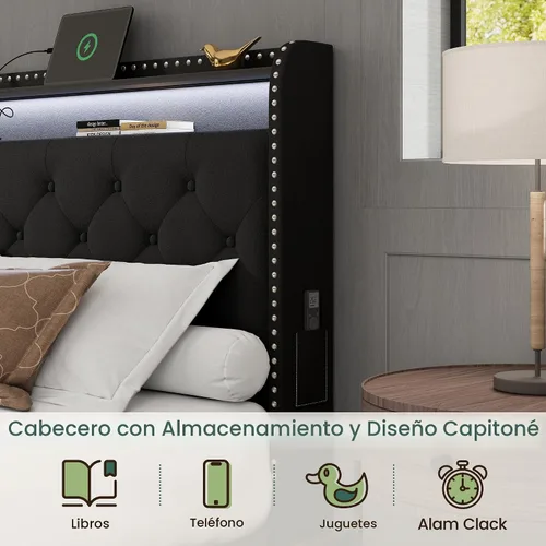 Vista 9 de LARMACE Base de cama tamaño King con 4 cajones de almacenamiento, base de cama tapizada de terciopelo, plataforma King con luces LED y estación