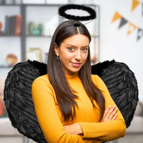 Vista 6 de YoleShy Diadema de alas de ángel negras y aureola de Halloween disfraz de alas negras para mujeres adultas alas de diablo de plumas de primera